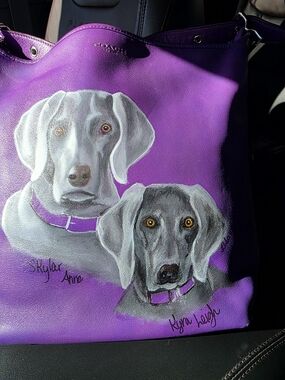 Coach Purple Leather Tote with Hand-Painted Dog Portraits
